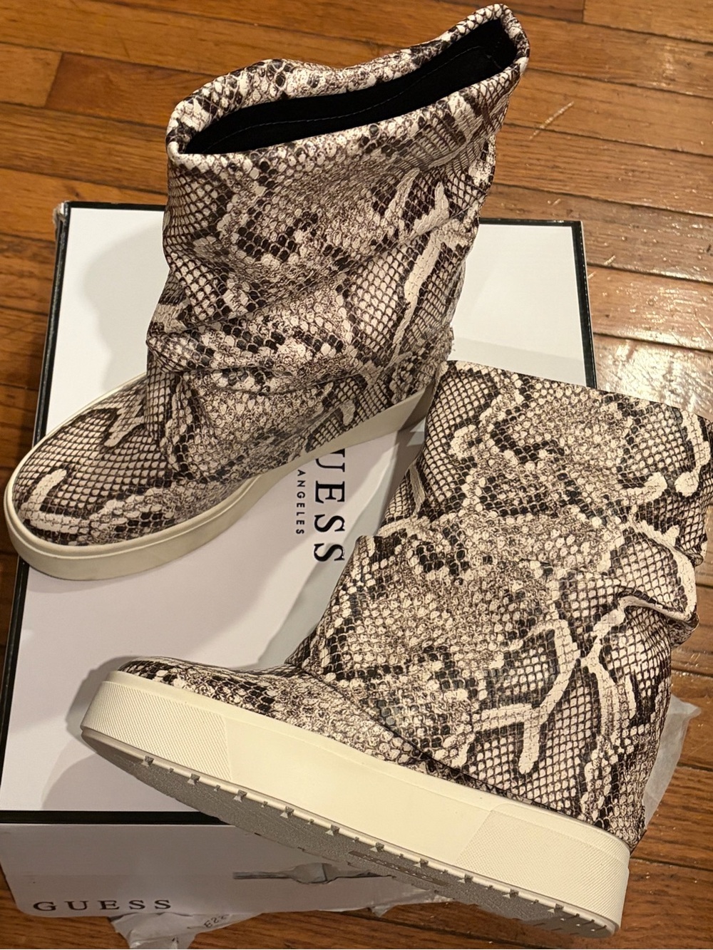 GUESS Snake-Print Slip-On Wedge Ankle Boots in Beige & Black 7.5